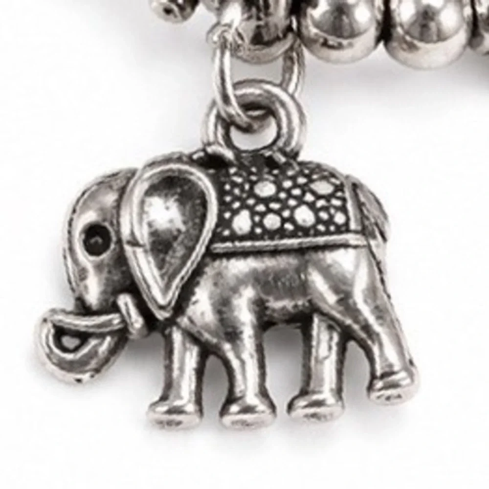 Bohemian Oxidized Silver Tone Elephant Charm Stretch Bead Bracelet Womens